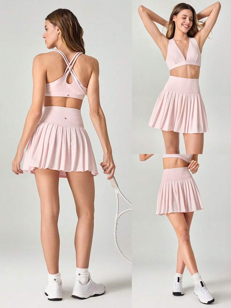 Pleated Tummy Control Pocket Skirt With Hidden Shorts Light Support Tennis Golf Daily Gym