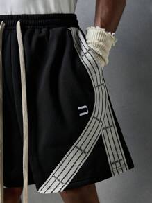 NEON BLANC Men's Street Fashion Embroidered Letter Tape Knit Shorts, Streetwear - Black - View 6