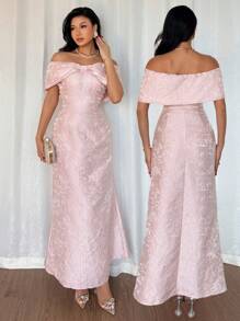 Rafferiza 时尚优雅节日宴会单肩蝴蝶结收腰包臀缎面亮粉色提花女装春夏长款连衣裙名媛派对礼服 - 粉色 - 查看 7