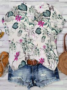 SHEIN LUNE Áo cánh rộng tay ngắn in họa tiết hoa cổ điển cỡ lớn cho nữ, mùa xuân/hè - Màu Hồng Tươi - Xem 2