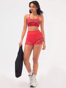 Gameset SHEIN Sport Flame Print Fitted Camisole Shorts Activewear Set, Casual Athleisure Gym Wear Gym Red Summer - Red - View 3