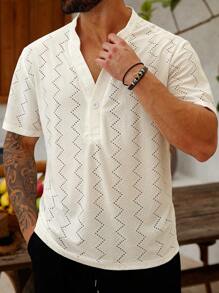 Manfinity Homme Camicia a maniche corte con motivo a jacquard e fori, taglio slim, vita morbida, motivo casual a rombi, colore bianco puro, adatta come regalo per il marito o il fidanzato di taglia grande - Bianco - Visualizzare 3