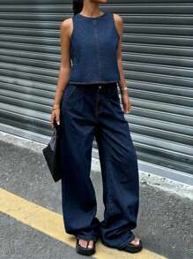 SHEIN Set di pantaloni e gilet smanicato, in denim ampio con tasche, casual e versatile, colore unito, collo rotondo, per ragazze; Pantaloncini corti da spiaggia, boho per vacanze estive; Outfit casual per concerti, festival e raduni estivi; Abbigliamento estivo per brunch, chiesa, laurea per ragazze