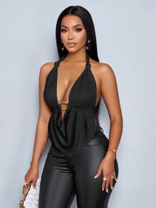 SOLERSUN 春夏女装休闲度假杏色深V领露背吊带衫，前中金属扣，褶皱肩带，扭结弧形下摆，露背针织纹理面料上衣 - 黑色 - 查看 5