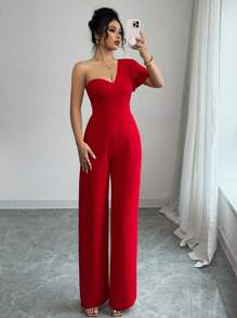Rafferiza French Style Ruffle Trim Cinched Waist High-Rise Wide Leg Women Jumpsuit - Red - View 4