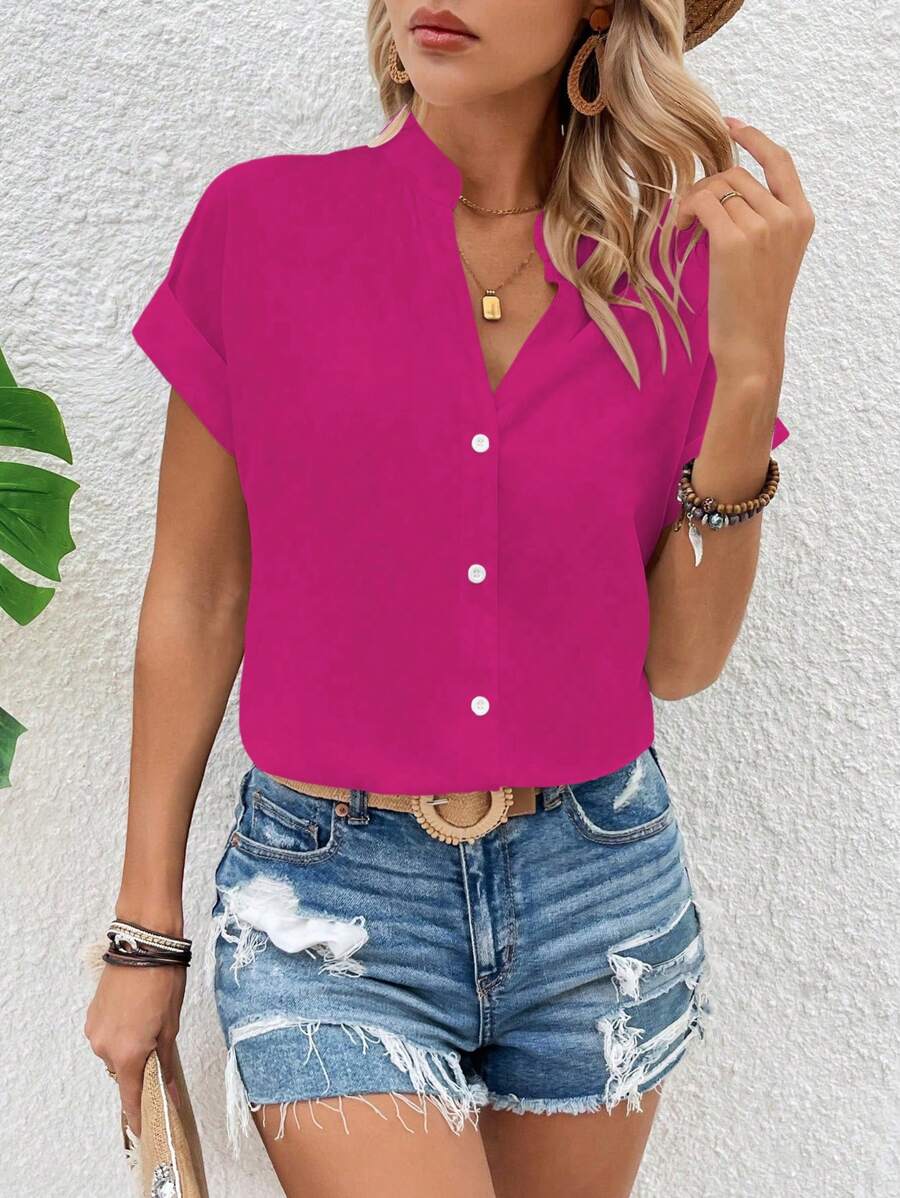 SHEIN LUNE Camisa de mujer casual de vacaciones de unicolor con cuello escotado - Rosa Fucsia - Ver 1