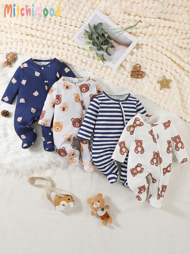 Set de 4 piezas de pelele con pies y manga larga con estampa de oso lindos y simples para recién nacidos - azul real - Añade 1