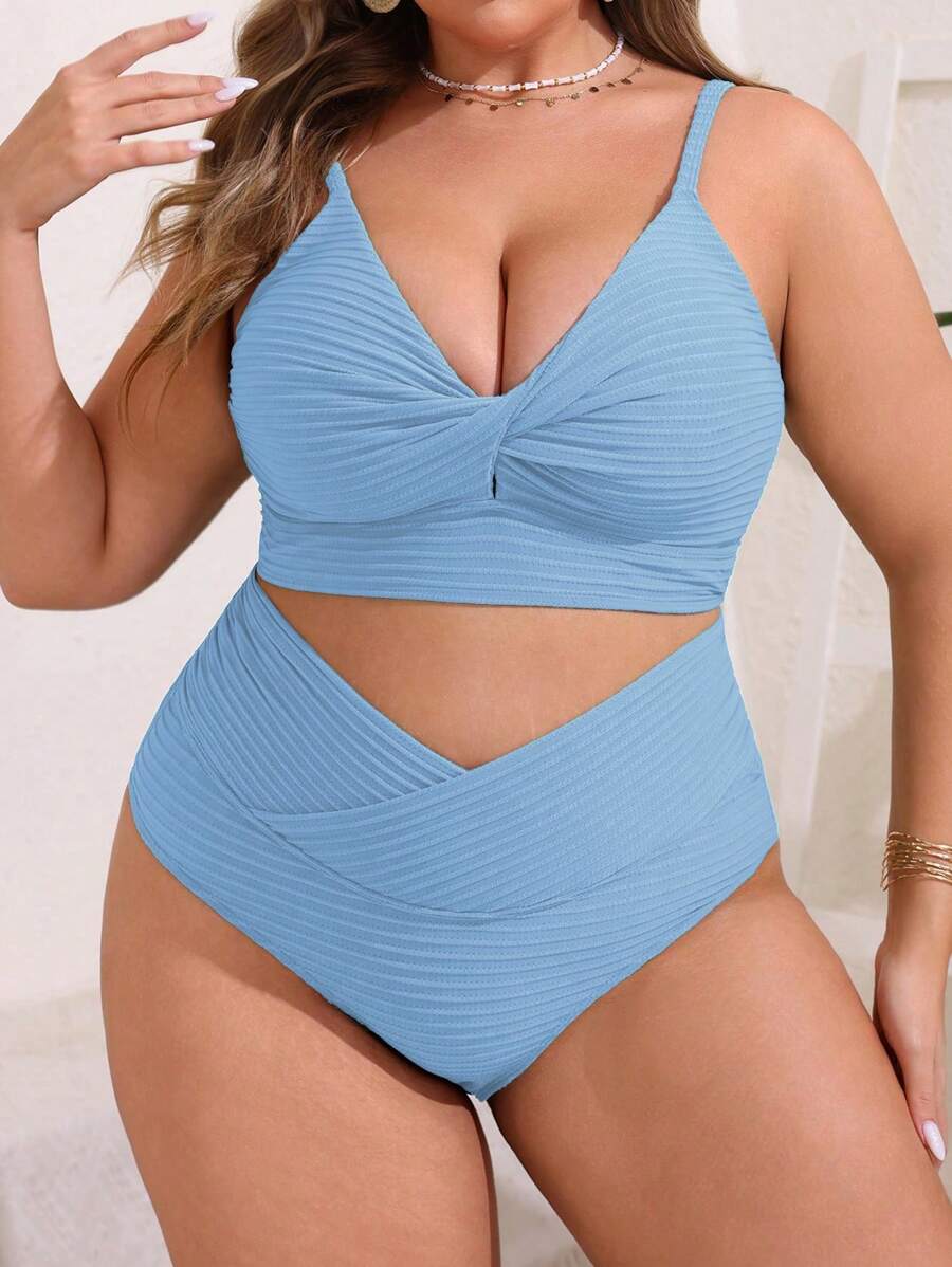 Swim Lushoire 大码纯色扭纹吊带背心比基尼套装 - 藍色 - 查看 1