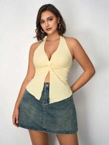 SHEIN Tall CURVE Plus Size Casual Minimalist Front Button Asymmetric Hem Halter Tank Top,Business Casual Woman - Yellow - View 5