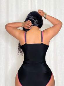 Slaydiva 加大码纯色吊带比基尼，夏季时尚 - 黑色 - 查看 2