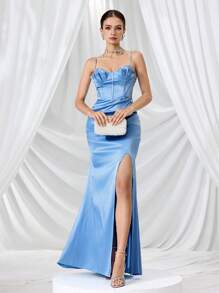 Coutiva 女士正式晚礼服（大量装饰）女士连衣裙生日女士生日装女士休闲连衣裙女士正式，女士时尚优雅婚礼派对舞会礼服，修腰修身面料，舒适柔软，女士返校夏季连衣裙，蝴蝶结珠子和钻石装饰，女士蓝色连衣裙，派对礼服，适合婚礼宾客 - 藍色 - 查看 7