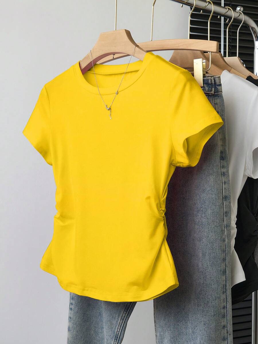 INAWLY Camiseta casual y versátil para mujer de unicolor, cuello redondo y manga corta con pliegues - Amarillo - Ver 1