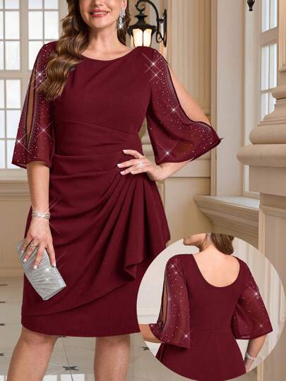 Gownix Plus Size Elegant Rhinestone Hollow Ruched Summer Dress,Summer Dresses For Women,Wedding Guest Dress Women Valentine's Day Outfit