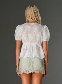 SHEIN Unity White Embroidery & Beaded Decor V-Neck Casual Summer Shirt For Women - White - View 2