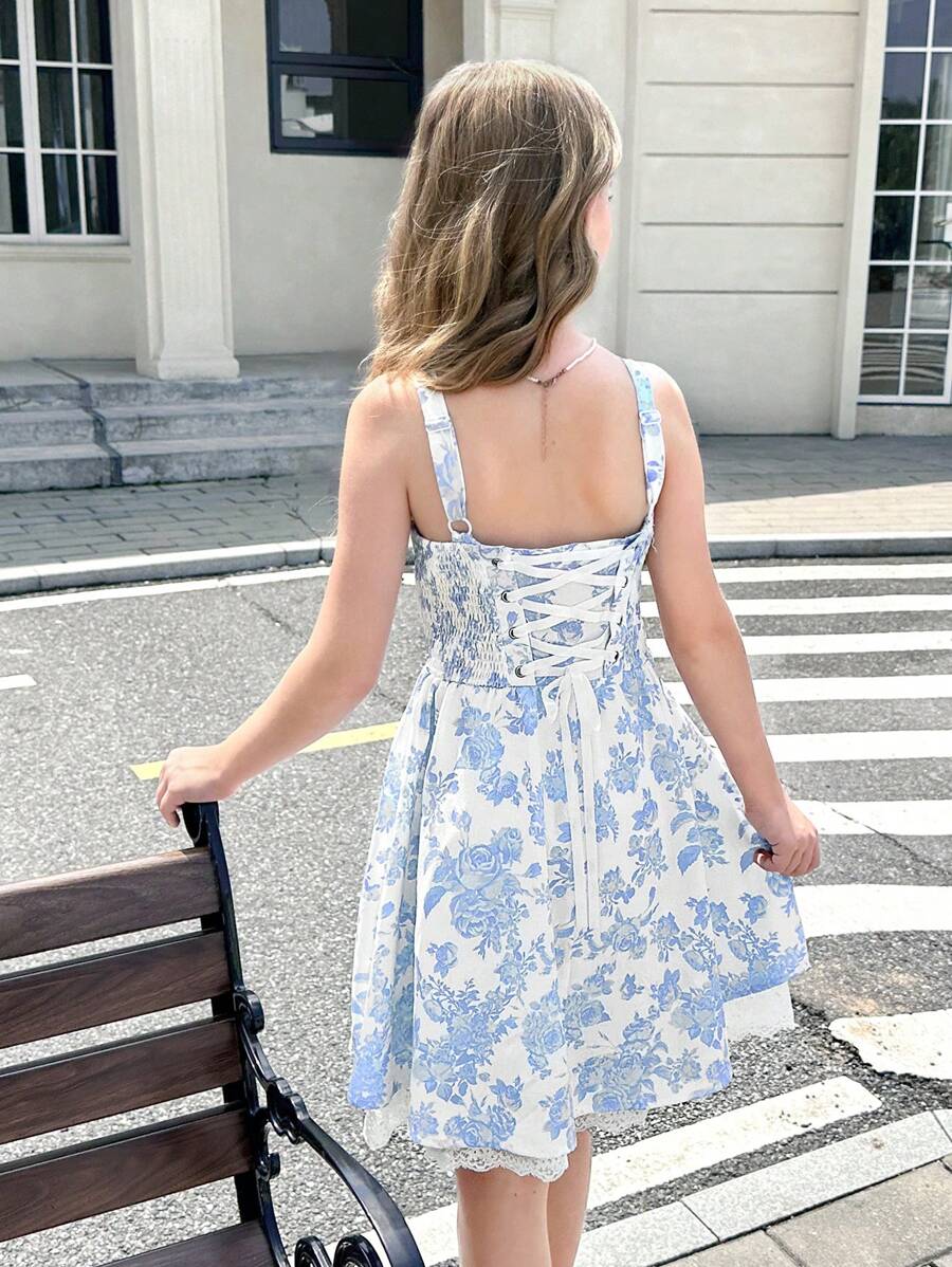 Tween Girls' Woven French Ditsy Floral Shirred Backless Crisscross Tie Waist A-Line Dress - Blue - View 1