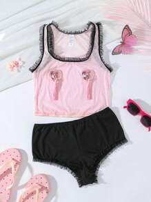 SHEIN 4件套女士撞色荷叶边拼接亮片透视性感内衣套装 - 彩色 - 查看 6