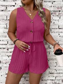 SHEIN LUNE Bộ đồ liền thân không tay cổ chữ V cài nút nửa hở mùa hè cỡ lớn dành cho nữ - Màu Hồng Tươi - Xem 5