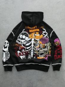 PAVTROS Manfinity Streetrush Men's Gothic Skull Street Style Thermal Lined Hoodie, Graphic Hoodie, Long Sleeve Top