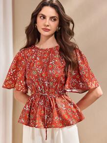 SHEIN Unity 女式休闲优雅短袖碎花衬衫 - 亮橙色 - 查看 4