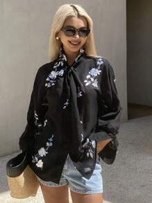 Livesso Áo cánh/áo sơ mi dài tay dáng rộng, màu trơn, cổ loe, mỏng, thường ngày mùa hè cho nữ, quần áo mùa thu - màu đen - Xem 3