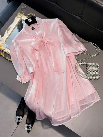 Franclia Plus Size Women Elegant Satin Bowknot Blouse Women Summer Clothing Women Plus Clothing Formal Woman S Summer Clothes Women Plus Clothing Business Casual Blouses For Women Elegant