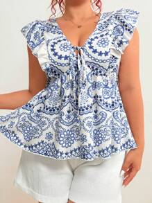 Flirla Plus Size All-Over Print Tie-Knot Ruffle Hem Summer Short Sleeve Shirt - Multicolor - View 2