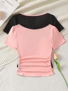Bộ 2 chiếc áo thun tay ngắn cổ vuông đơn giản thoải mái họa tiết khối màu đơn giản cho bé gái tuổi teen - Màu Hồng baby - Xem 2