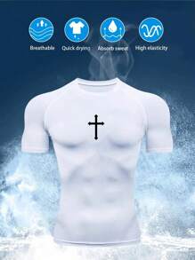 Manfinity Sport Corelite 男士十字印花圆领短袖运动T恤，夏季运动服跑步T恤和背心，健身上衣，压缩衣，透气修身圆领压缩衣 - 白色 - 查看 3