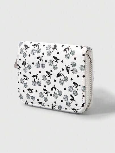 Grunge Punk 1 pièce Portefeuille compact à fermeture éclair avec clous argentés et motif de cerises, style simple pour femmes