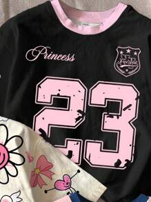 SHEIN Leap Crew 女童 4 件装可爱蝴蝶结和数字 28 图案印花短袖圆领 T 恤，休闲甜美风格，非常适合夏季舒适街头服饰返校服装 - 彩色 - 查看 3