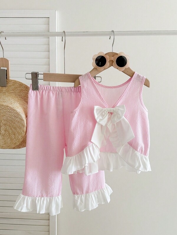 SHEIN LMoss Kids 2pcs Babygirl Summer Cute Pink Plaid Patchwork Ruffle Trim Crop Top & Elastic Waist Pants Set