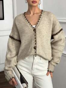 EURMUSE Áo len cardigan nữ chất lượng cao chải kỹ viền tương phản ấm áp và thoải mái - Màu be - Xem 5