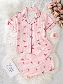 2 件甜美可爱蝴蝶结和条纹印花上衣和长裤套装，休闲舒适的青少年女孩家居服返校时尚 - 彩色 - 查看 1