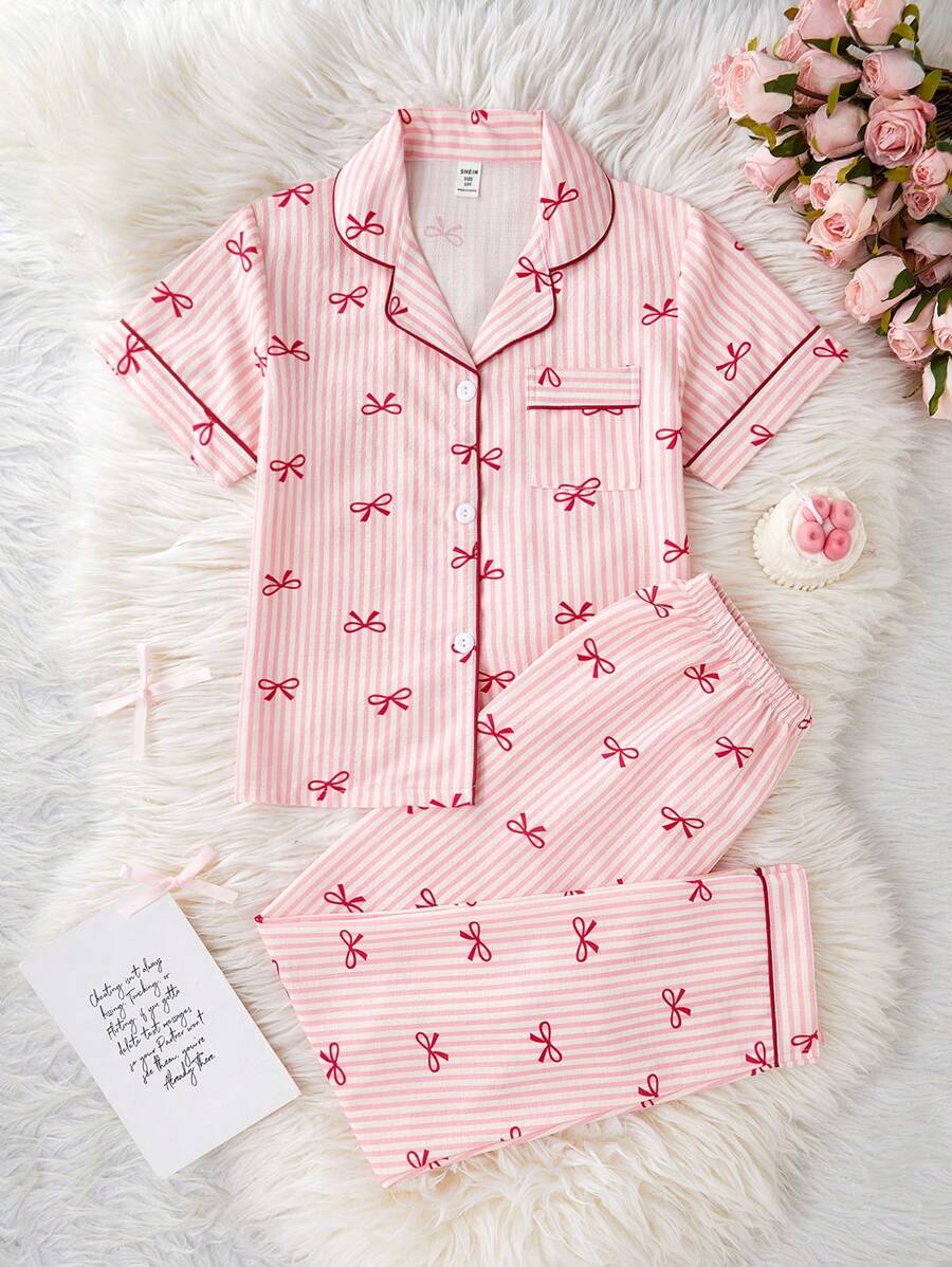 2 件甜美可爱蝴蝶结和条纹印花上衣和长裤套装，休闲舒适的青少年女孩家居服返校时尚 - 彩色 - 查看 1