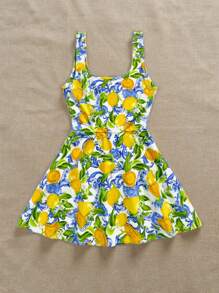 SHEIN EZwear Vestido mini casual de mujer con estampado de limones, estilo minimalista apropiado para el verano, excursión de chicas