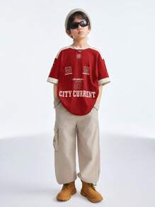 Coolane Kids 青少年男童春夏圆领短袖字母印花休闲棕色T恤亲子服装 - 紅色 - 查看 6