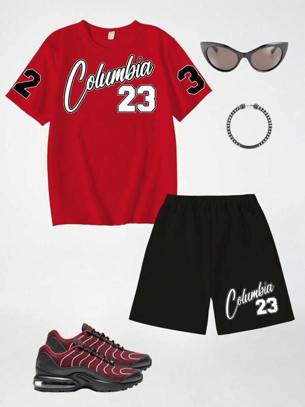 SHEIN Teen Boy Fashion Casual Outdoor Summer Sports Style Letter Print Cool Short Sleeved Shorts Set