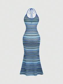 Sweetra Sexy Colorful Striped Backless Halter Neck Dress, Summer - Blue - View 2