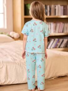 SHEIN 3件套樱桃印花短袖上衣和裤子女童幼儿睡衣套装 - 彩色 - 查看 2