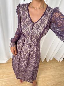 Modelyn فستان مطرز أنيق بالدانتيل الأرجواني للنساء - الأرجواني - مشاهدة 4