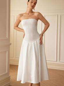 GENKIRA Women's White Summer Elegant Vacation Long Dress, Old Money Style Solid Color Sleeveless Cinched Waist Flare Hem, European American Fashion Chic Dress - White - View 5