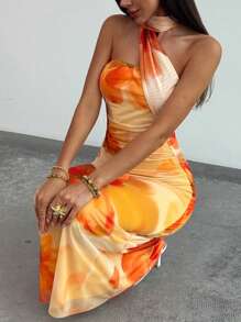 Aloruh 女士花卉印花无袖修身连衣裙，优雅度假装 - 黃色 - 查看 8