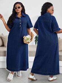 SHEIN Lady 大码休闲牛仔连衣裙，蓝色，短袖 - 深色水洗藍 - 查看 1
