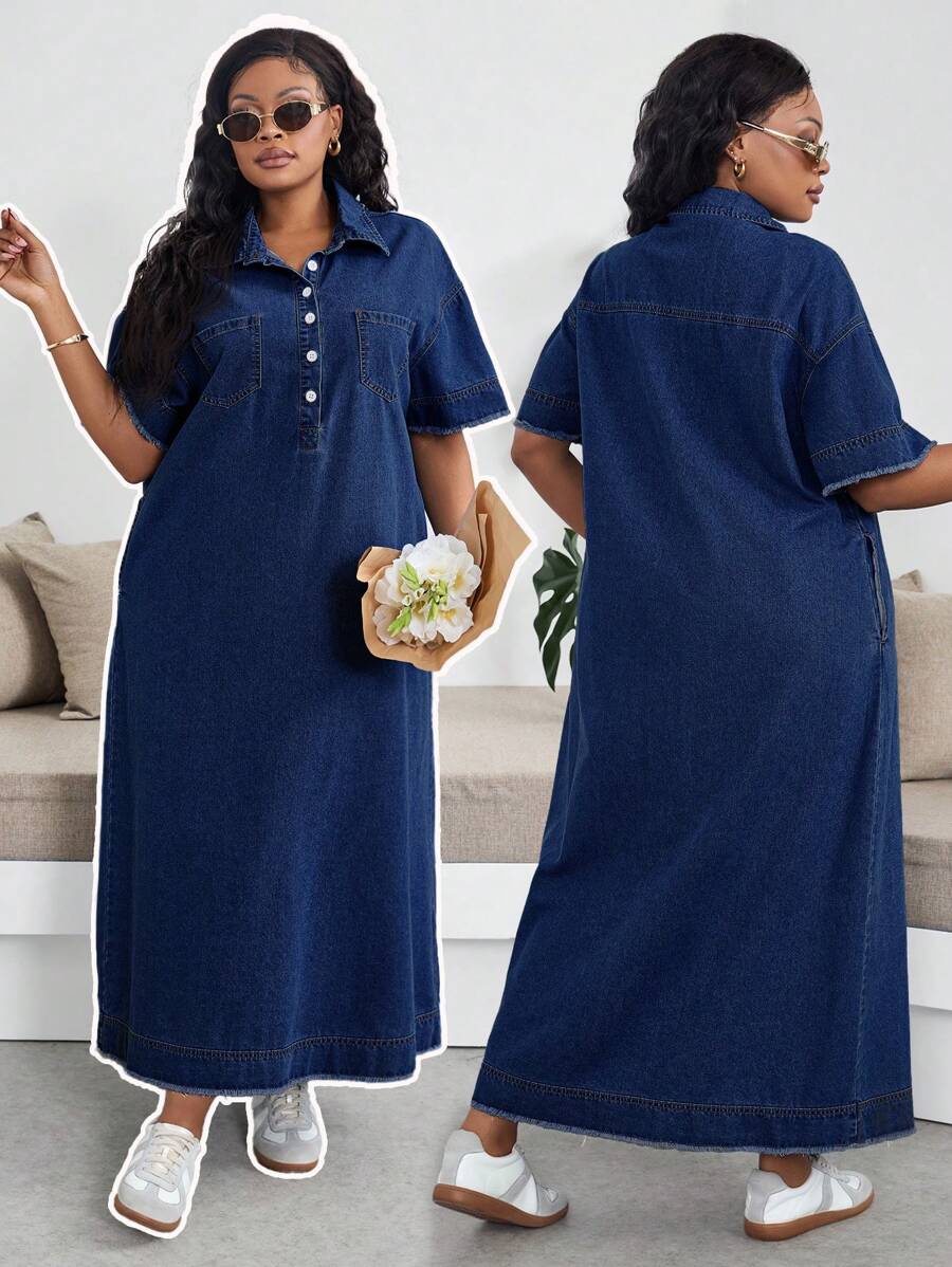SHEIN Lady 大码休闲牛仔连衣裙，蓝色，短袖 - 深色水洗藍 - 查看 1