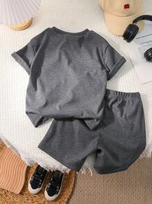 Souflis Souflis 2pcs/Set Young Boy Solid Color Casual Versatile Pocket Tee & Shorts Set, Suitable For Sports, Daily Wear, Spring/Summer Summer Holiday - Grey - View 2