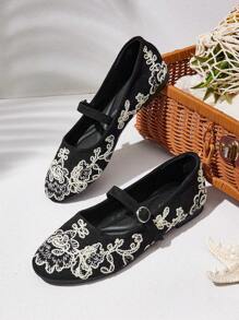Styleloop Black Embroidered Floral Mary Jane Flat Shoes - Black - View 1