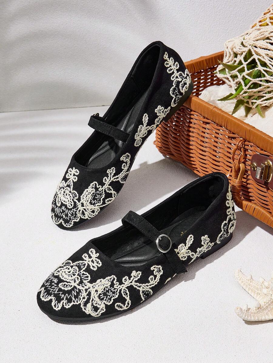 Styleloop Black Embroidered Floral Mary Jane Flat Shoes - Black - View 1