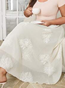 Lacomfia Simple Embroidered Elastic Waist A-Line Plus Size Skirt, Suitable For Spring & Summer Fall Cloth For Women - Beige - View 5