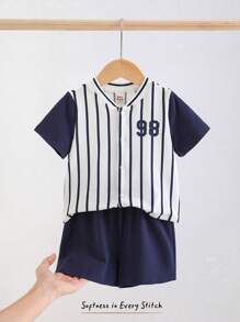 Cozy Pixies 2pcs Baby Boy "Baby Boy" Letter Pattern Knit Soft Raglan Short Sleeve Cardigan And Solid Color Elastic Waist Shorts Set - Blue - View 1