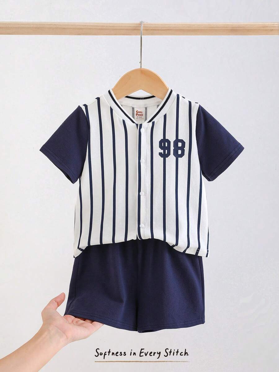 Cozy Pixies 2pcs Baby Boy "Baby Boy" Letter Pattern Knit Soft Raglan Short Sleeve Cardigan And Solid Color Elastic Waist Shorts Set - Blue - View 1